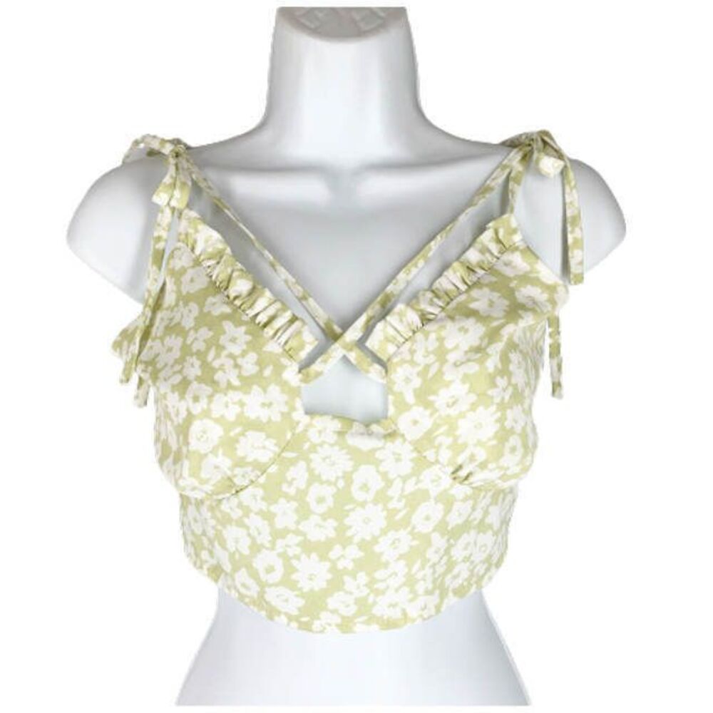 SHEIN S Green White Floral Cottagecore Top Spaghetti Straps Elastic Back Ruffle